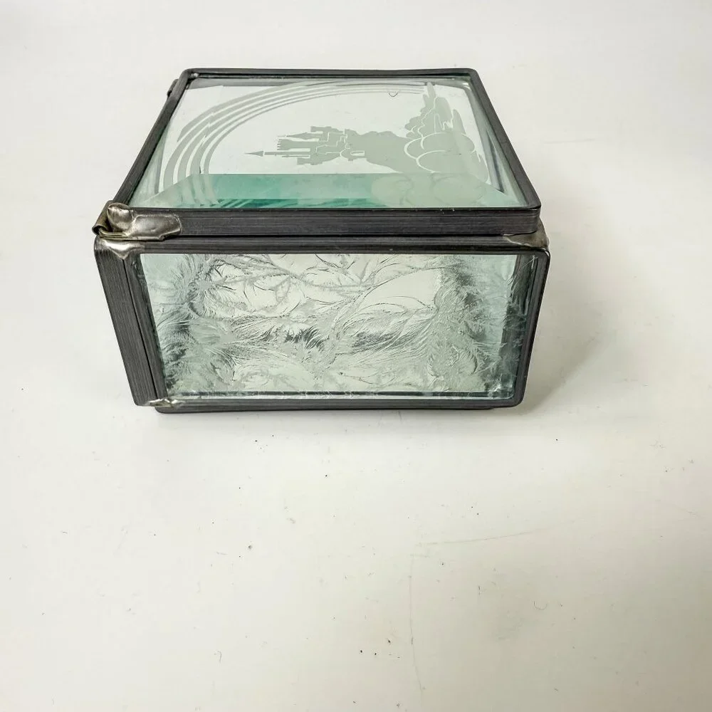 Vintage Disney Etched Castle Rainbow Metal Glass Display Mirror Square Box